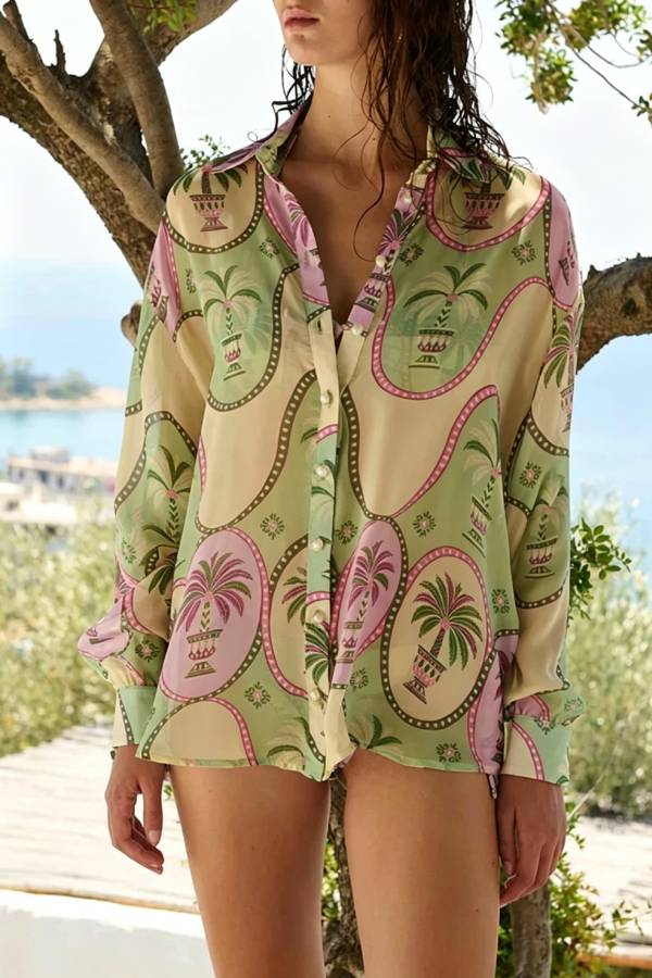 Tropical Style Linen Blend Unique Print Long Sleeve Shirt and Elastic Waist Pocket Shorts Set