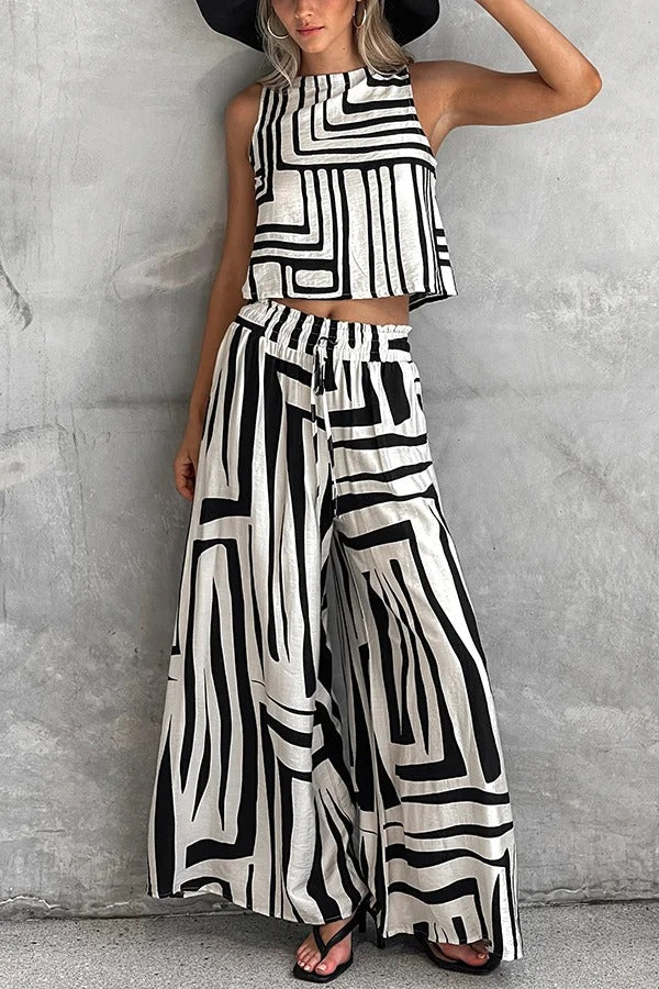 Striped Printed Sleeveless Casual Top and Elastic Waist Loose Pocket Wide-leg Pants Set