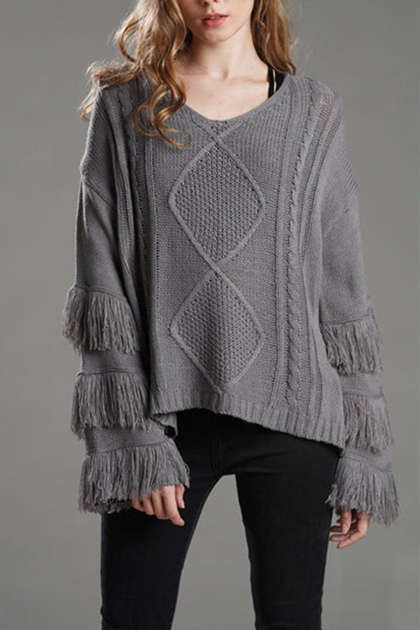 LOOK WHAT YOU MADE ME DO TASSEL KNIT SWEATER Grey