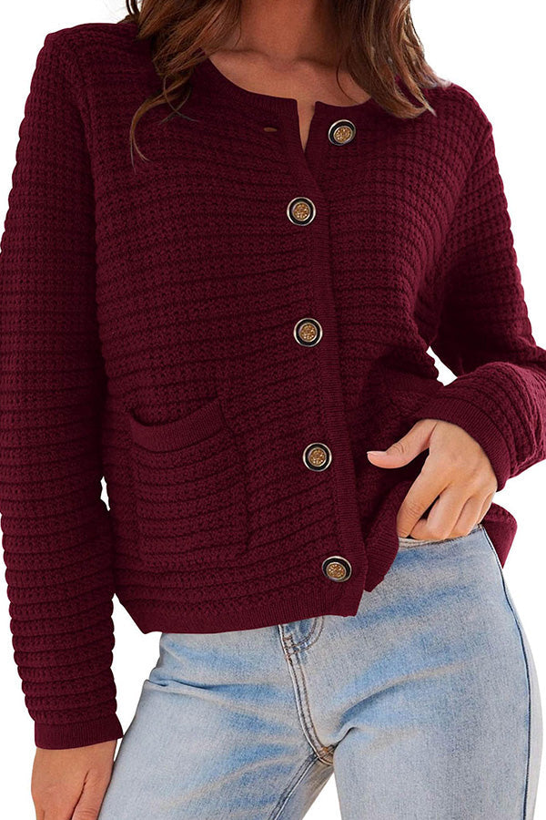 Retro long-sleeved round neck knitted new cardigan wine red