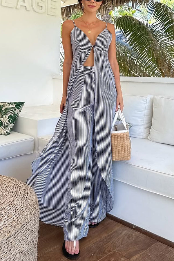 Striped Print Sleeveless Long Casual Top and Loose Straight Pants Set Ash