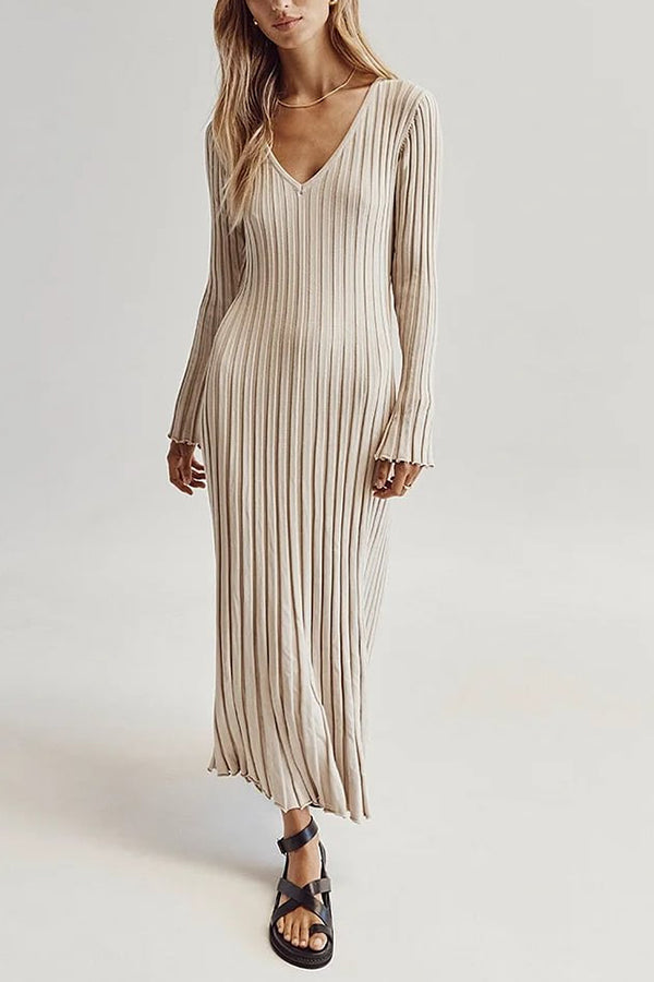 Casual waisted V-neck pit strip slimming knitted long skirt