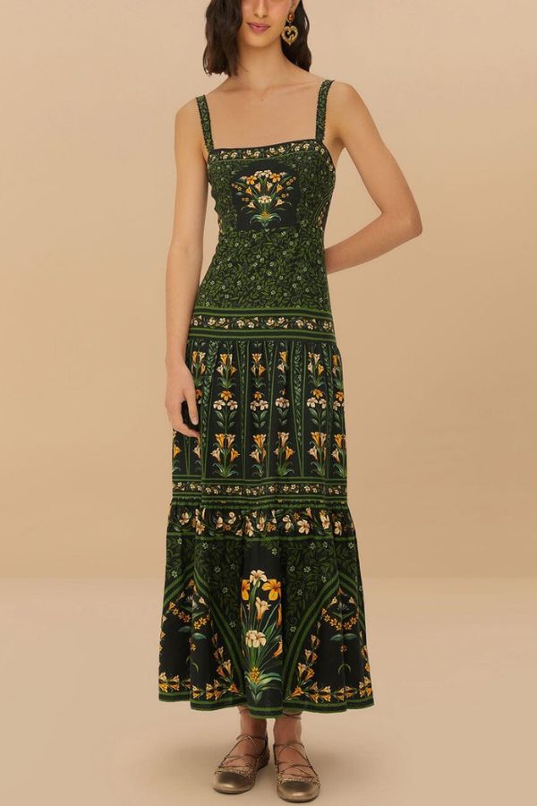 Tropical Look Linen Blend Floral Print Square Neck Back Smocked Midi Dress Green