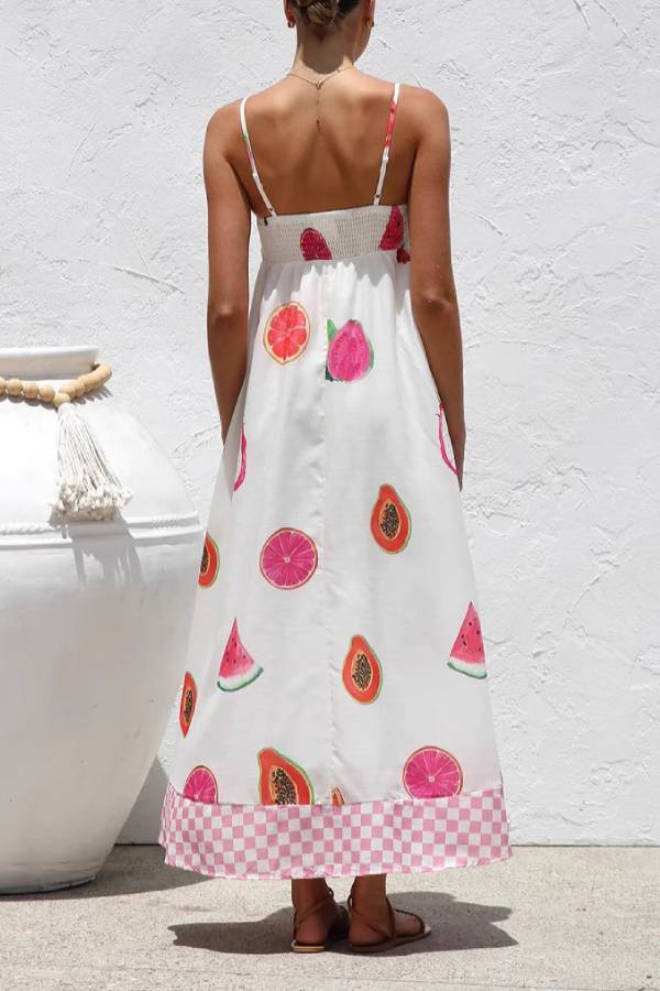 Vacation Style Fruit & Drink Print Spaghetti Strap Maxi Dress