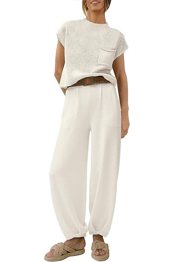 Short Sleeved Knitted Pullover Pleated Harem Pants Lounge Two Piece Set White