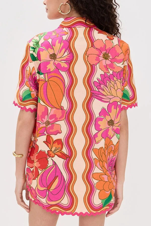 Neima Unique Print Wave Trim Button Up Short Sleeve Shirt and Elastic Waist Pocket Loose Shorts Set