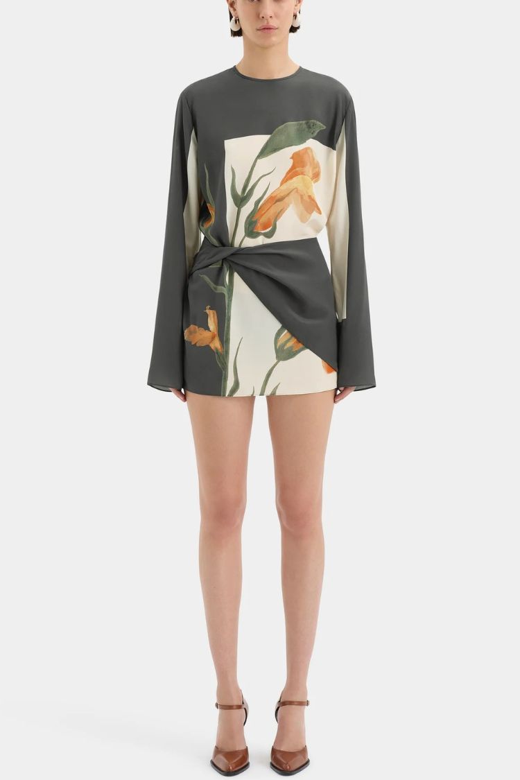 Constance Floral Print Twist Waist Long Sleeve Lightweight Mini Dress