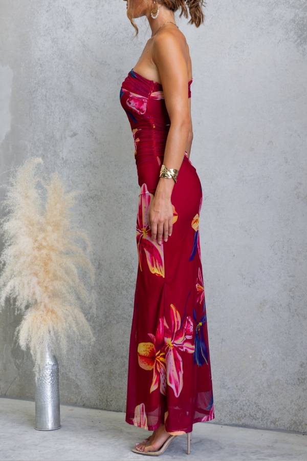 One-Shoulder Printed Mesh Bodycon Mermaid Maxi Dress