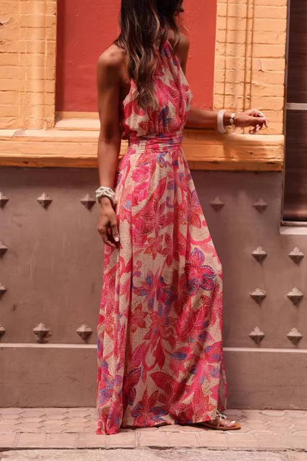 Halter Waist‑Tie Floral Print Maxi Dress