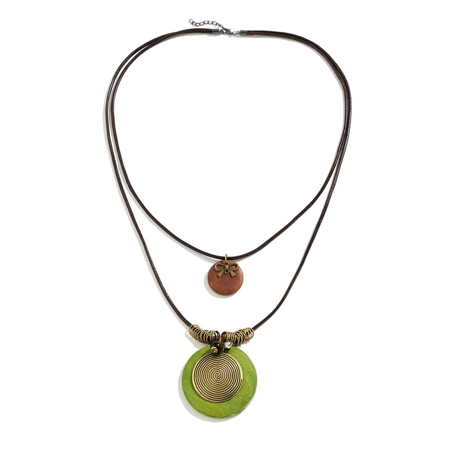 Wooden Disc Beaded Long Necklace Gun black + green one size