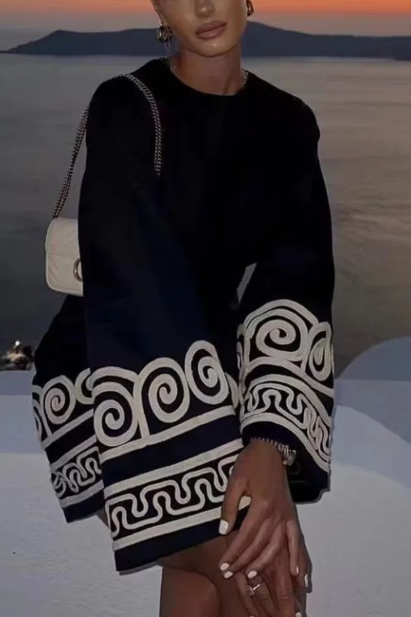 Loose Long Sleeve Floral Pullover Dress Women's Mini Skirt Black