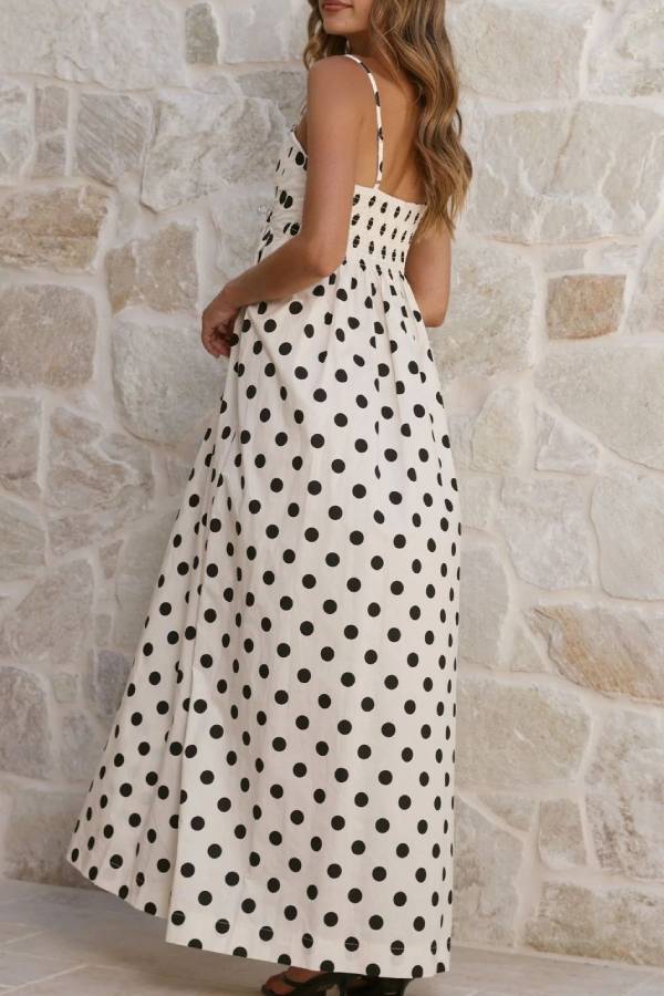 Polka Dot Print Square Neck Gathered Slip Maxi Dress