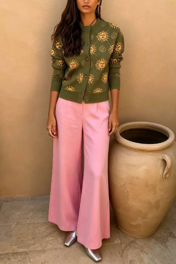 Vintage Sun Jacquard Knit Cardigan & High Waist Wide‑Leg Pants Two‑Piece Set