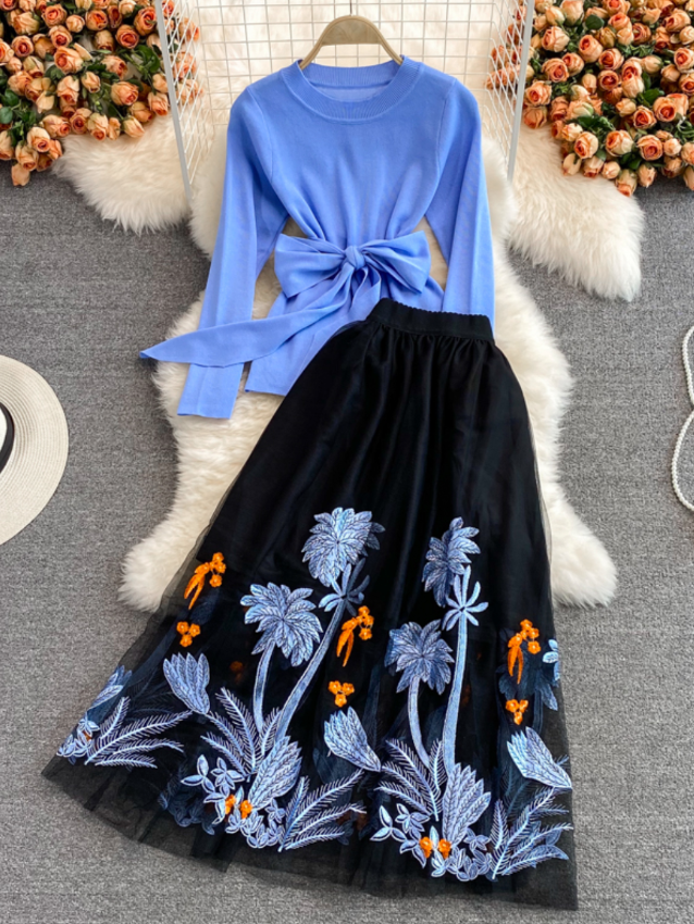 PATRISIA KNIT EMBROIDERY SET Sky Blue & Black Set