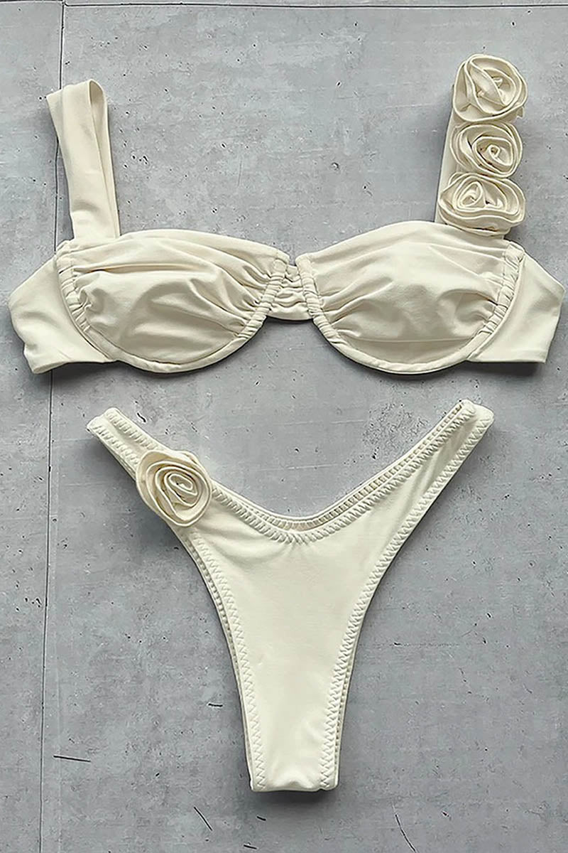Three-dimensional flower split solid color women's swimsuit White