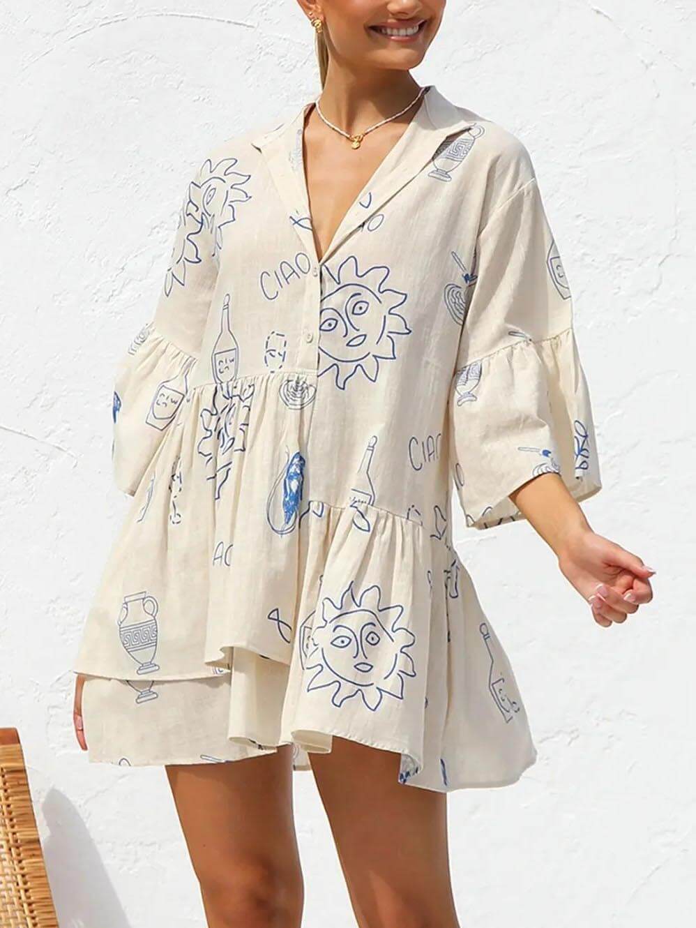 Lockeres Hemd-Kurzkleid im Ethno-Stil