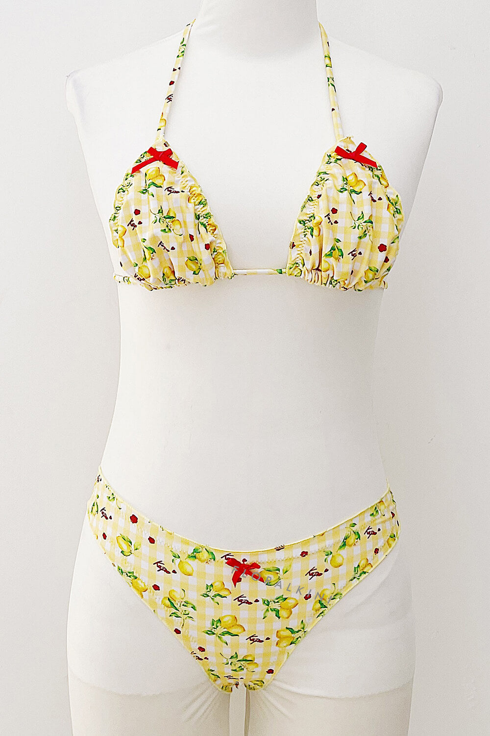 Lemon-Check Print Frill Trim Halter Triangle Elastic Bikini Set