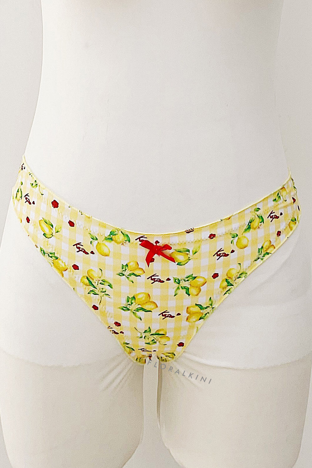 Lemon-Check Print Frill Trim Halter Triangle Elastic Bikini Set