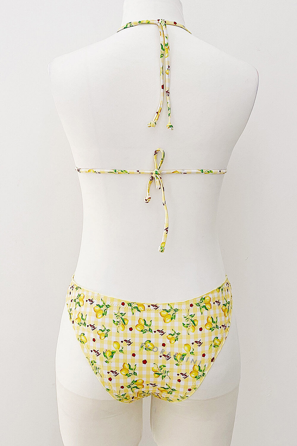 Lemon-Check Print Frill Trim Halter Triangle Elastic Bikini Set