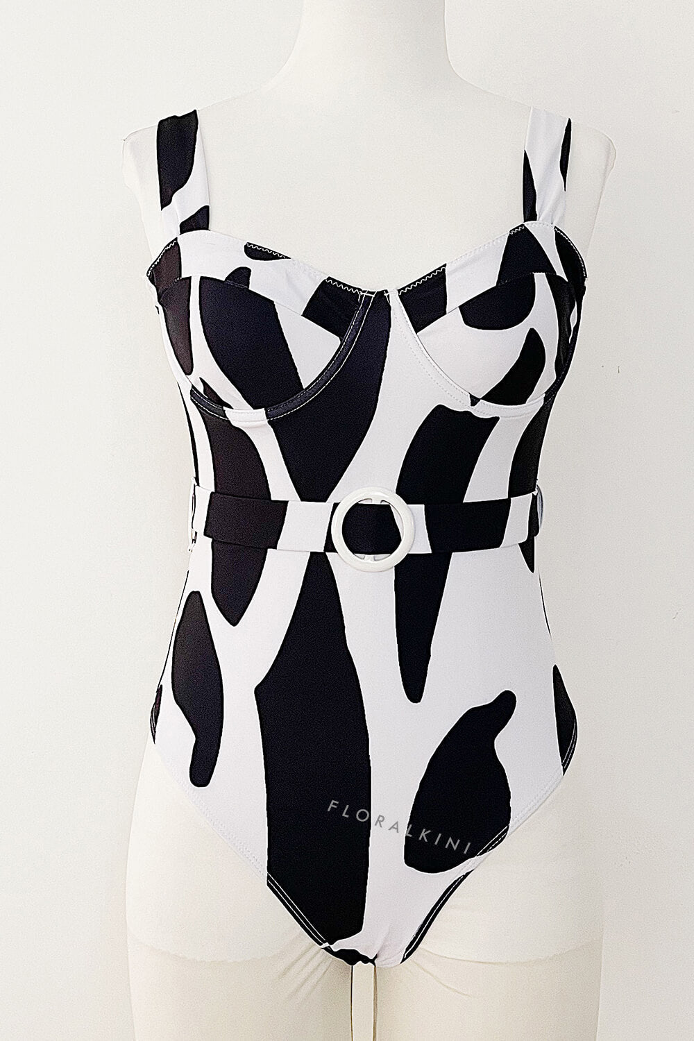 Abstract Print Underwire Balconet Belted One Piece Swimsuit