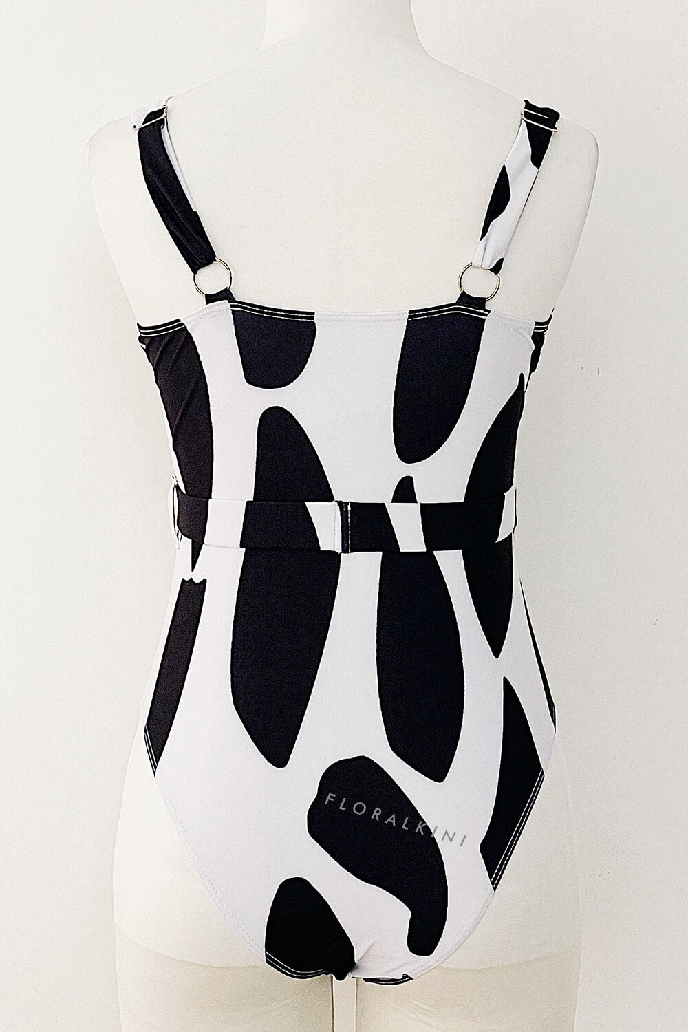 Abstract Print Underwire Balconet Belted One Piece Swimsuit