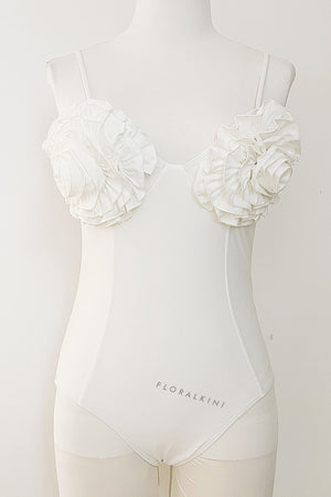 3D Flower Retro Bustier One Piece Swimsuit - Cream