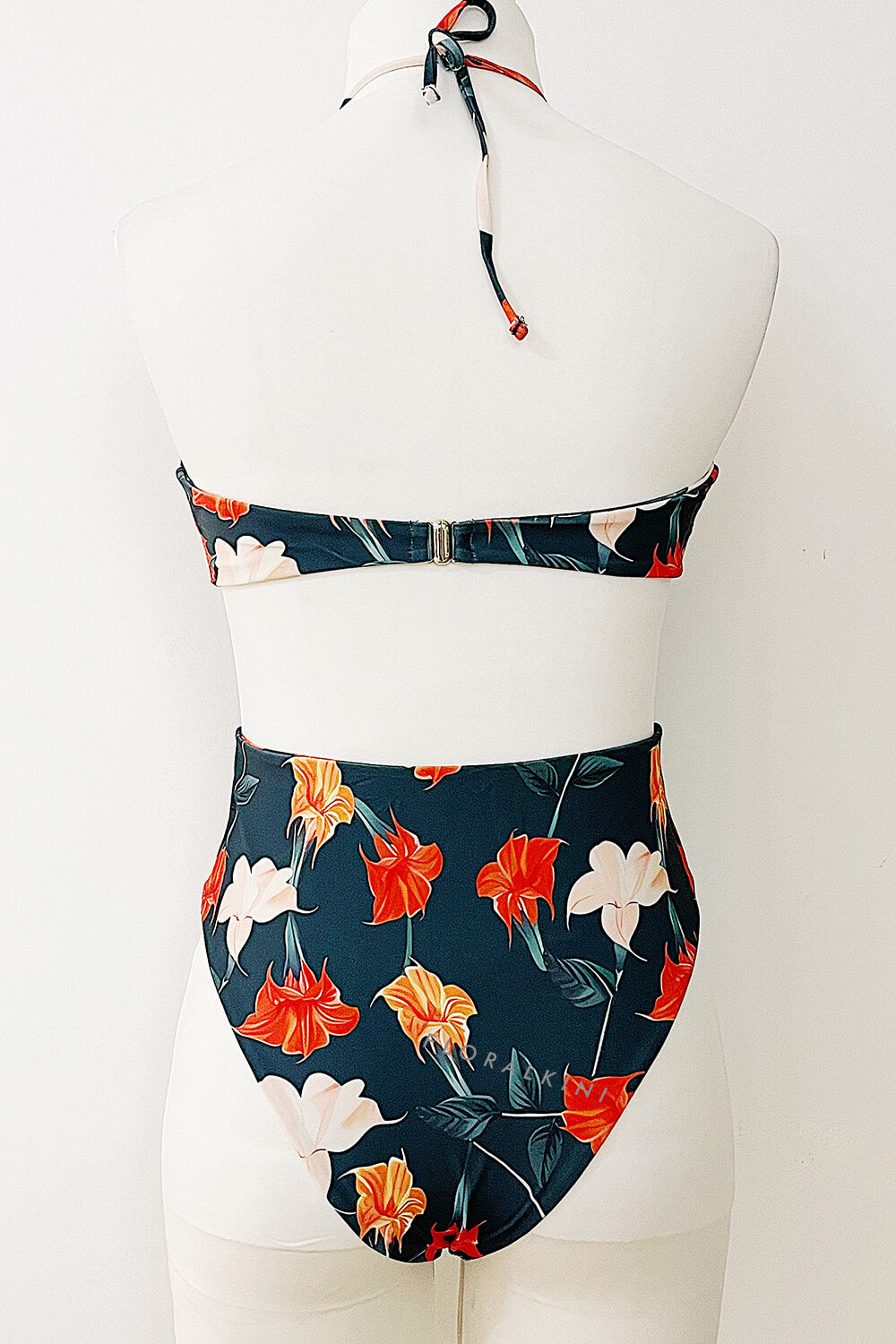 Floral Printed Cutouts Halter One Piece Swimsuit - Red