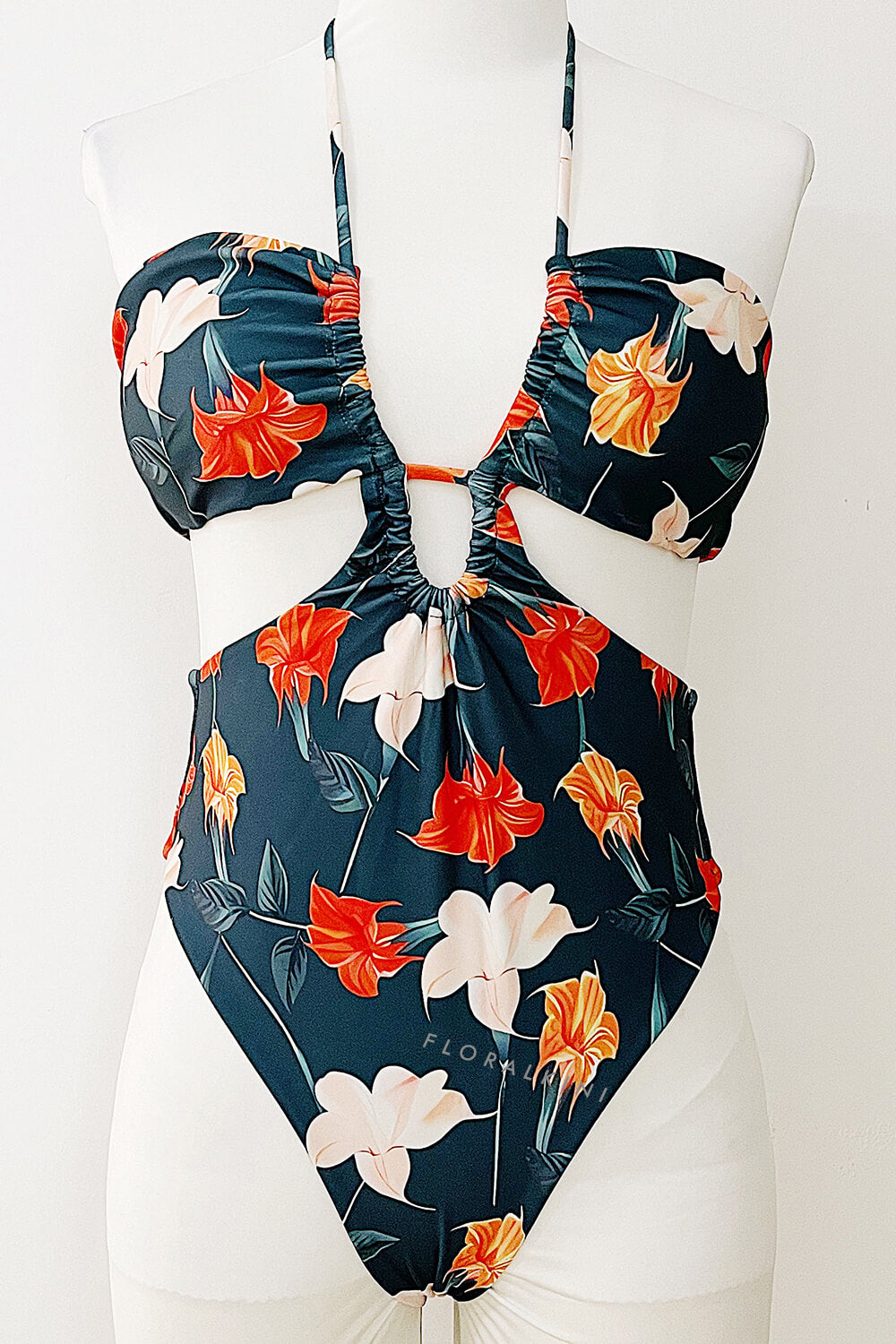 Floral Printed Cutouts Halter One Piece Swimsuit - Red