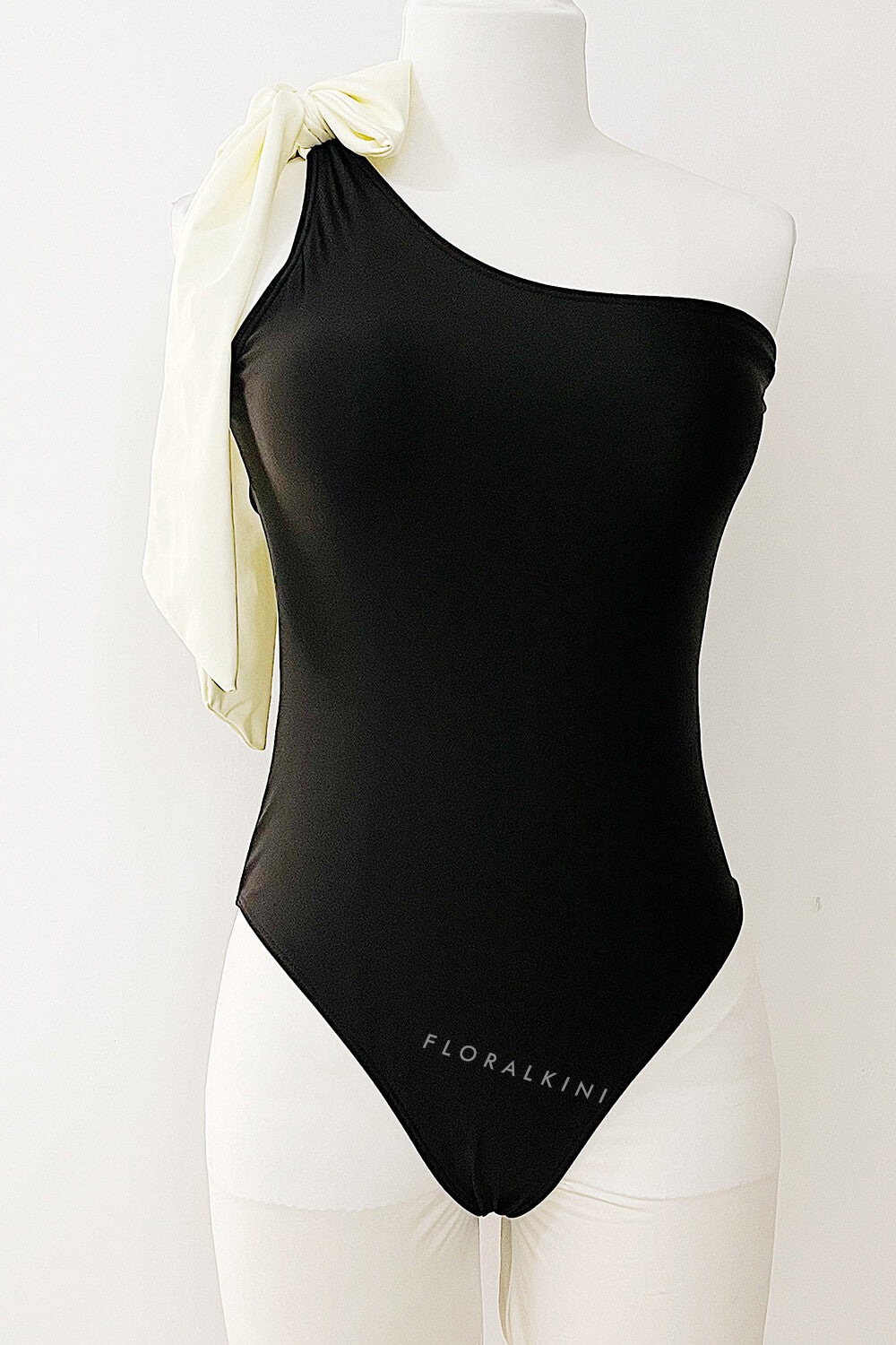 Black Bow-Tie Shoulder Asymmetric One Piece Swimsuit