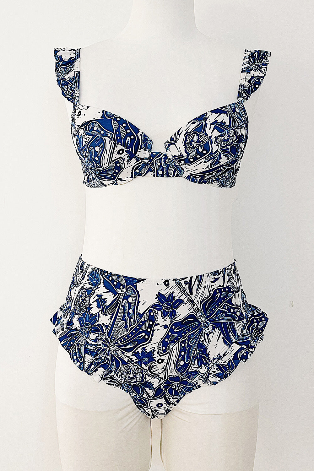 Blue Dragonfly Ruffle-Trimmed Underwire High Waisted Bikini Set