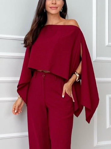 Elegantes, unregelmäßiges Cape-Shirt und Hose, zweiteiliges Set