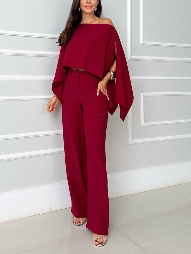 Elegantes, unregelmäßiges Cape-Shirt und Hose, zweiteiliges Set