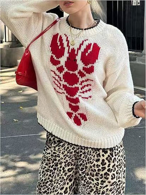Pull rétro rayé crème et rouge à motif homard