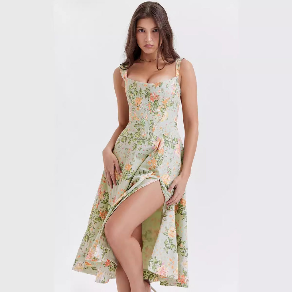 Garden Atmosphere Floral Print One Shoulder Pink Bow Loose Maxi Dress