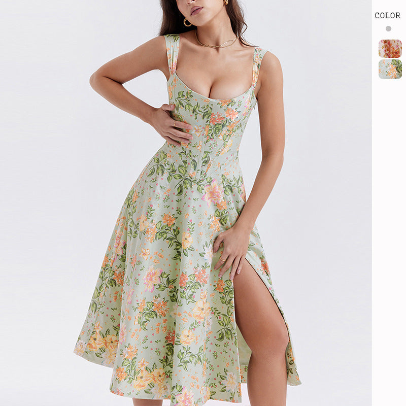 Garden Atmosphere Floral Print One Shoulder Pink Bow Loose Maxi Dress