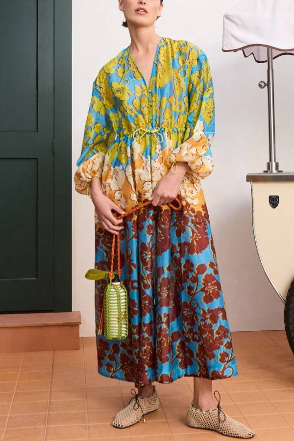V Neck Gradient Floral Drawstring Long Sleeve Maxi Dress