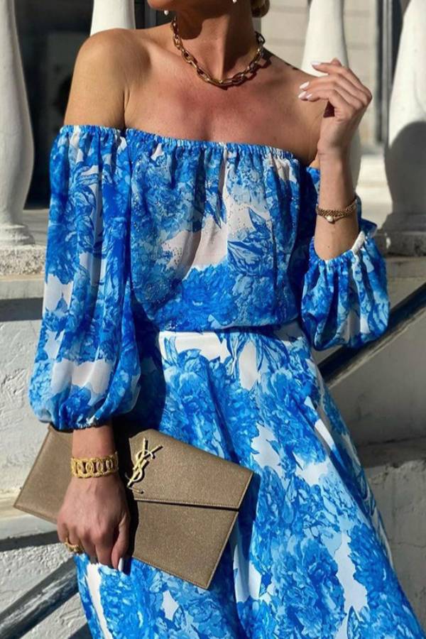 Off Shoulder Puff Sleeve Blue Floral Maxi Dress