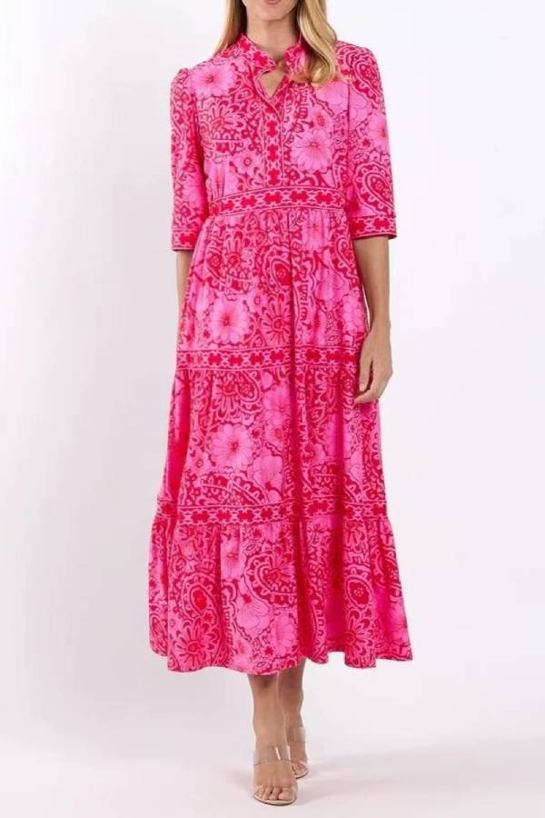 Bohemian Floral Print Stand Collar Elbow‑Sleeve Tiered Maxi Dress