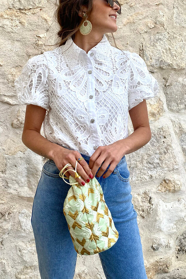 Lush and Lovely Crochet Lace Puff Sleeves Button Up Blouse