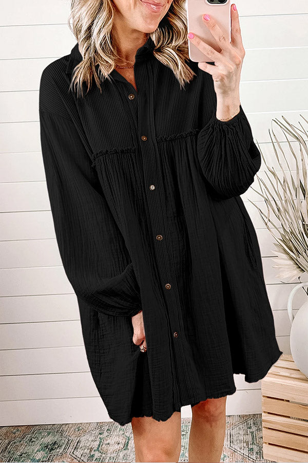 Patchwork Crinkled Puff Sleeve Raw Hem Dress Black