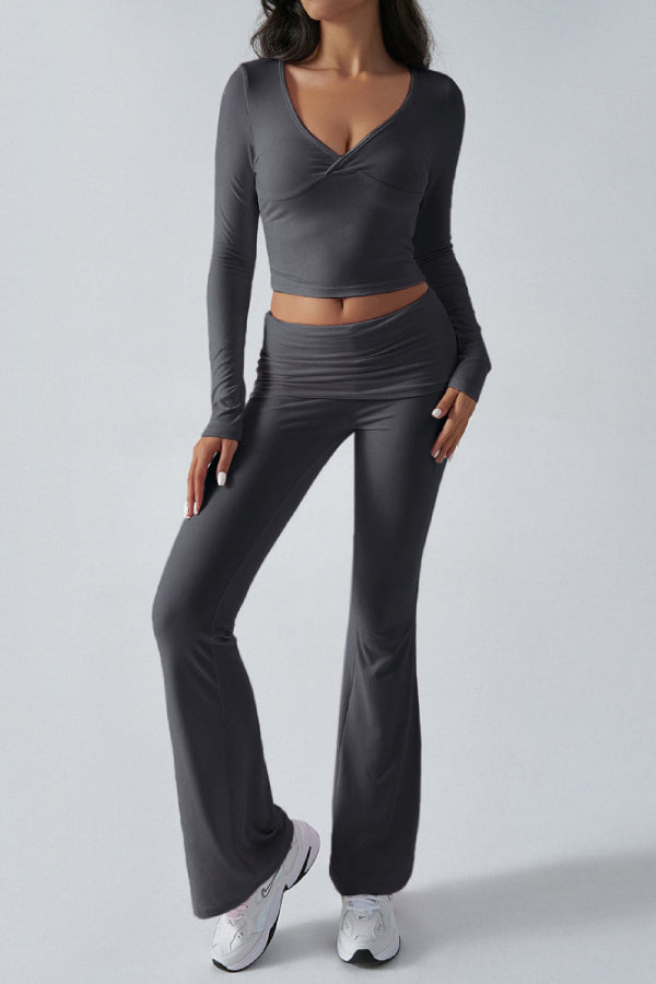 Women's Solid Color Simple Long Sleeve V-Neck Top And Trousers Knit Two-Piece Set