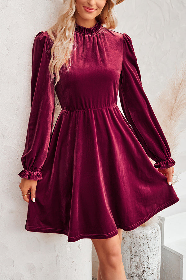 Turtleneck Long Sleeve Velvet Mini Dress Wine Red