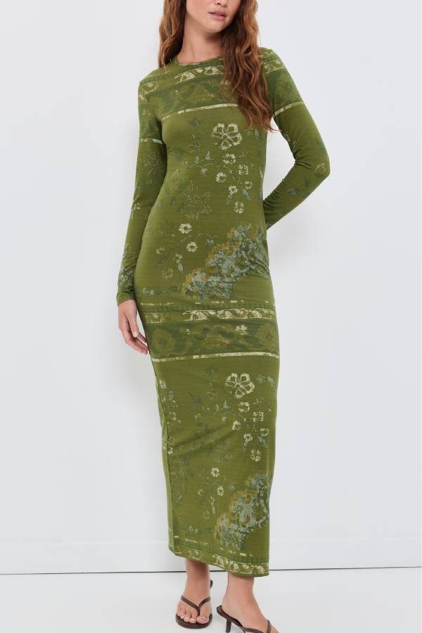 Vintage Botanical Floral Print Long‑Sleeve Fitted Knit Midi Dress