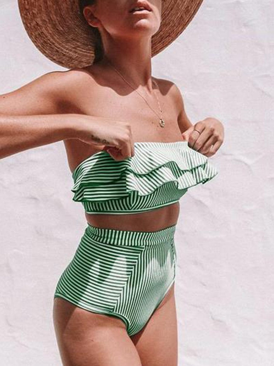 Flounce Sleeve Bandeau Stripe Swimsuit Green