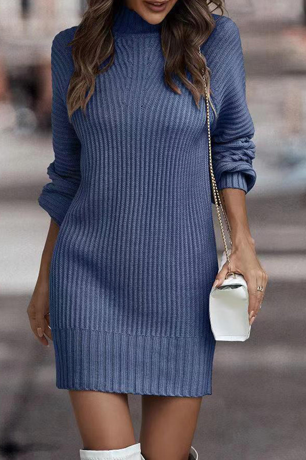 Rieuh Turtleneck Long Sleeve Knitted Mini Dress Blue