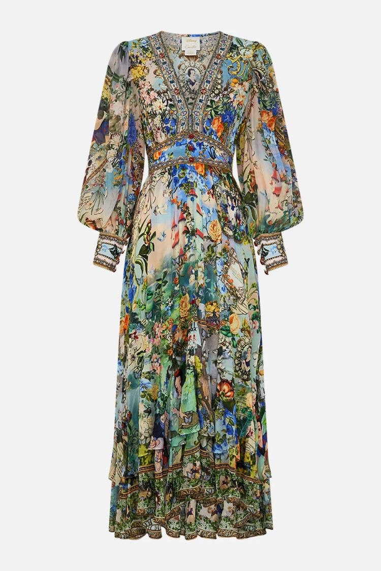 Printed V-neck Long-sleeved Puff Sleeve Waist Maxi Dress