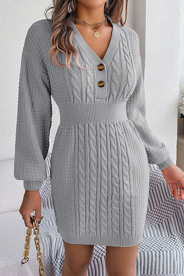 Buttoned V-neck twist lantern sleeves hip-hugging sweater dress Grey