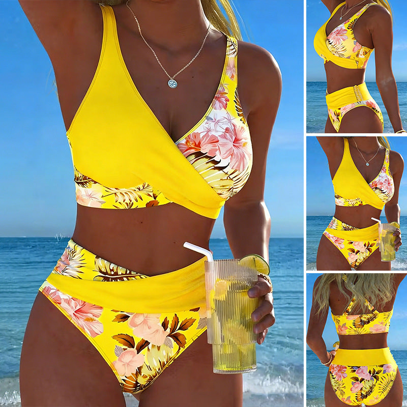 Tropical Floral Print Wrap-Front High-Waisted Bikini Set