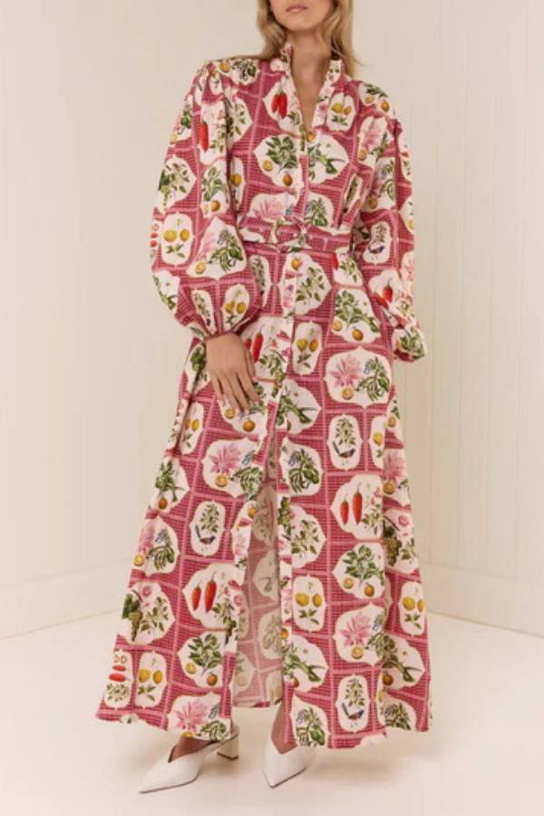 Puff Sleeve Tie-Waist Novelty Print Maxi Shirt Dress