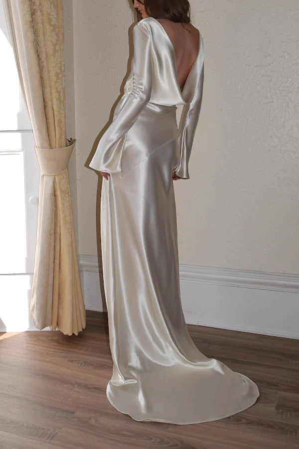 Pearl Eden Satin Back Open Cowl Neck Gown Maxi Dress Ivory